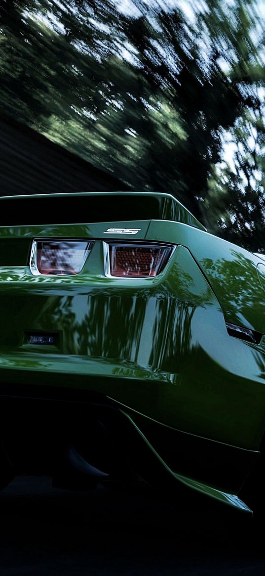 chevrolet, camaro, green, rear bumper, speed, blur