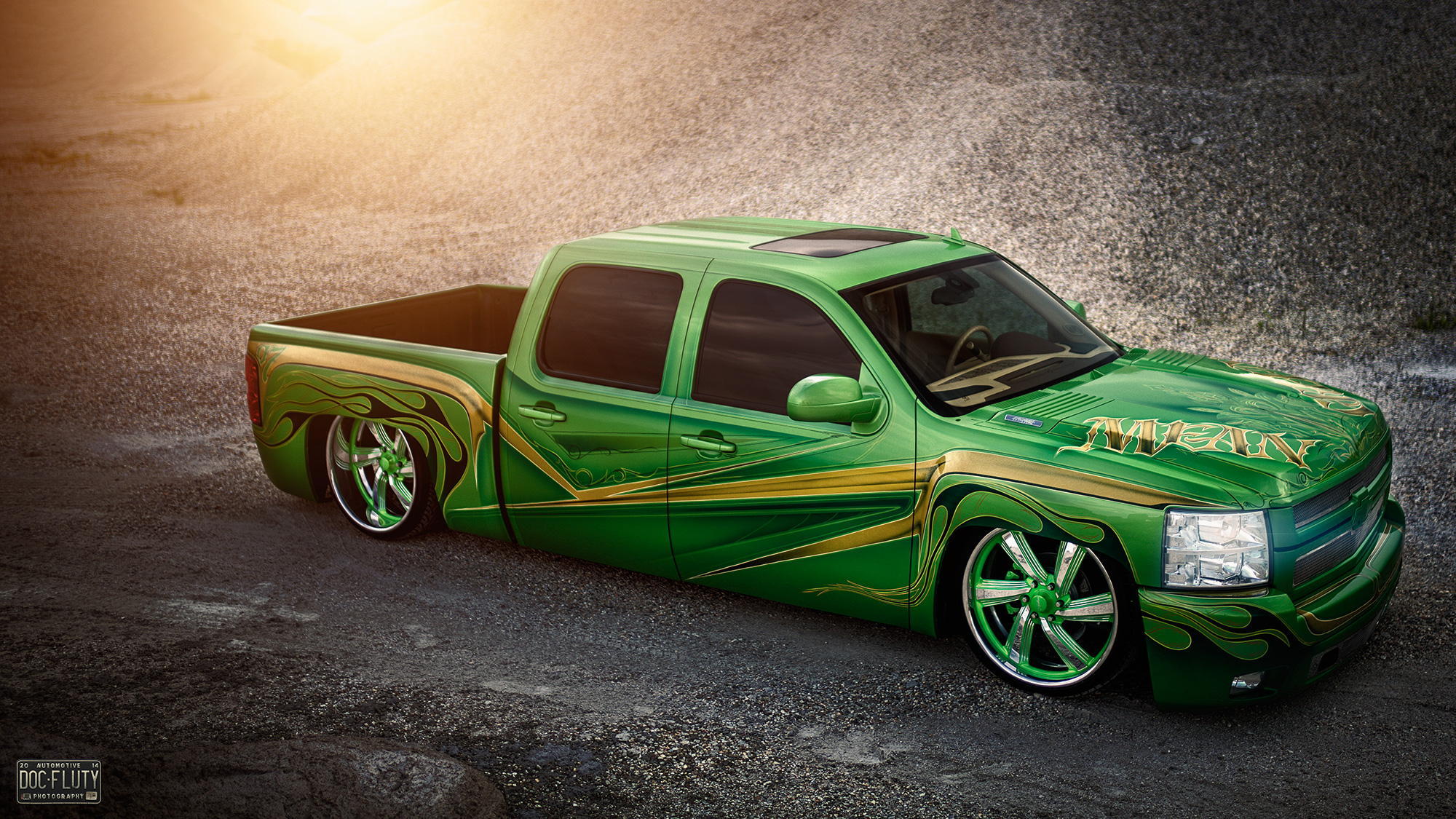 chevrolet, silverado, lowrider, pickup, green