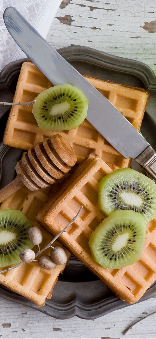 viennese wafers, waffles, kiwi fruit, juice, breakfast