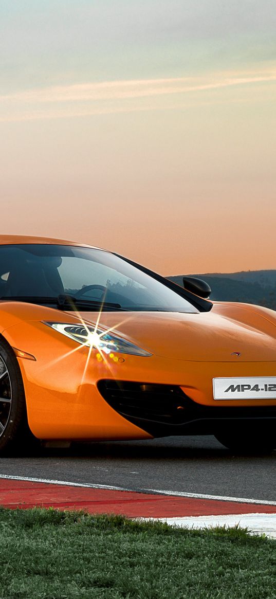 mclaren mp4-12c, track, orange, side view, twilight