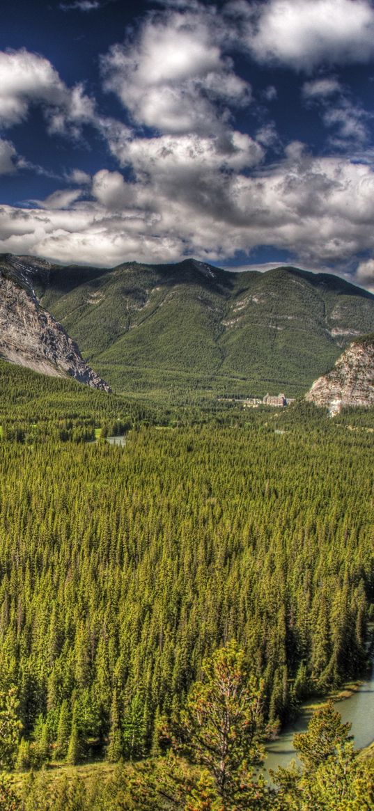 banff, alberta, canada, mountains, trees, hdr