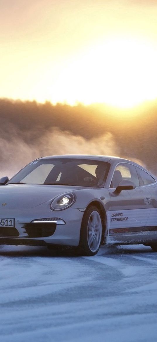 porsche, 911, white, winter, snow, drift