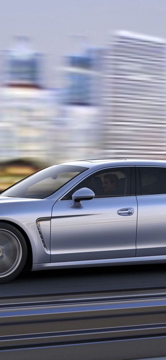 porsche, panamera, side view, movement, silver