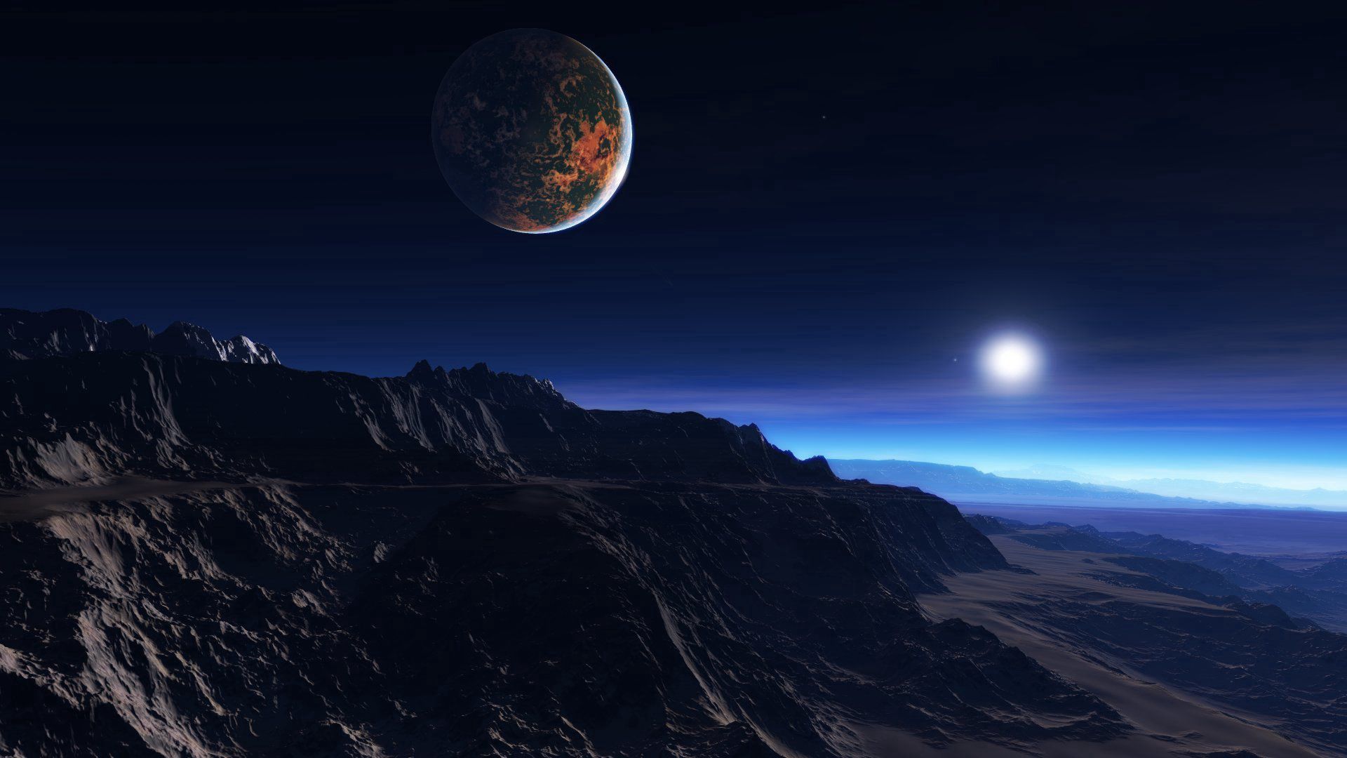 exoplanet atmosphere, clouds, stars, moon, mist, mountains, rocks