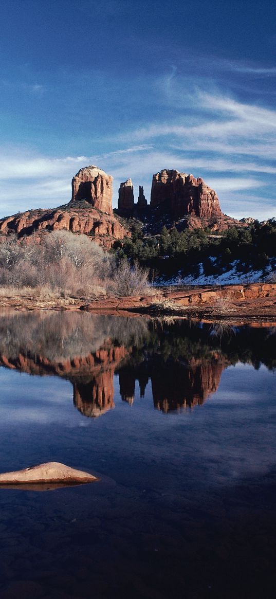 canyons, mountains, lakes, bottom, shore, tree, snow, reflection