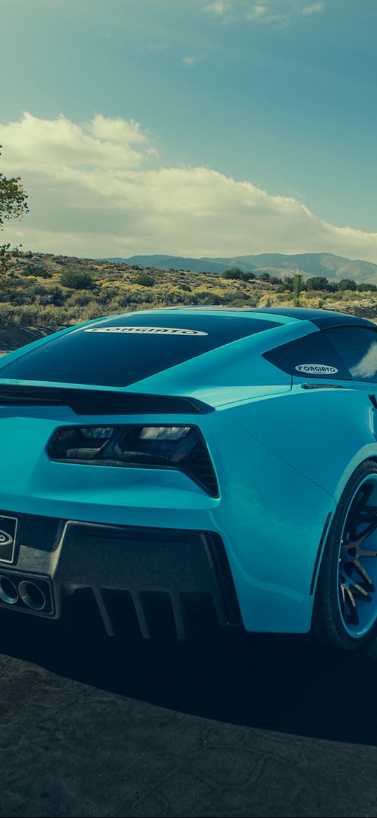 chevrolet, corvette, c7, stingray, forgiato, blue, rear view