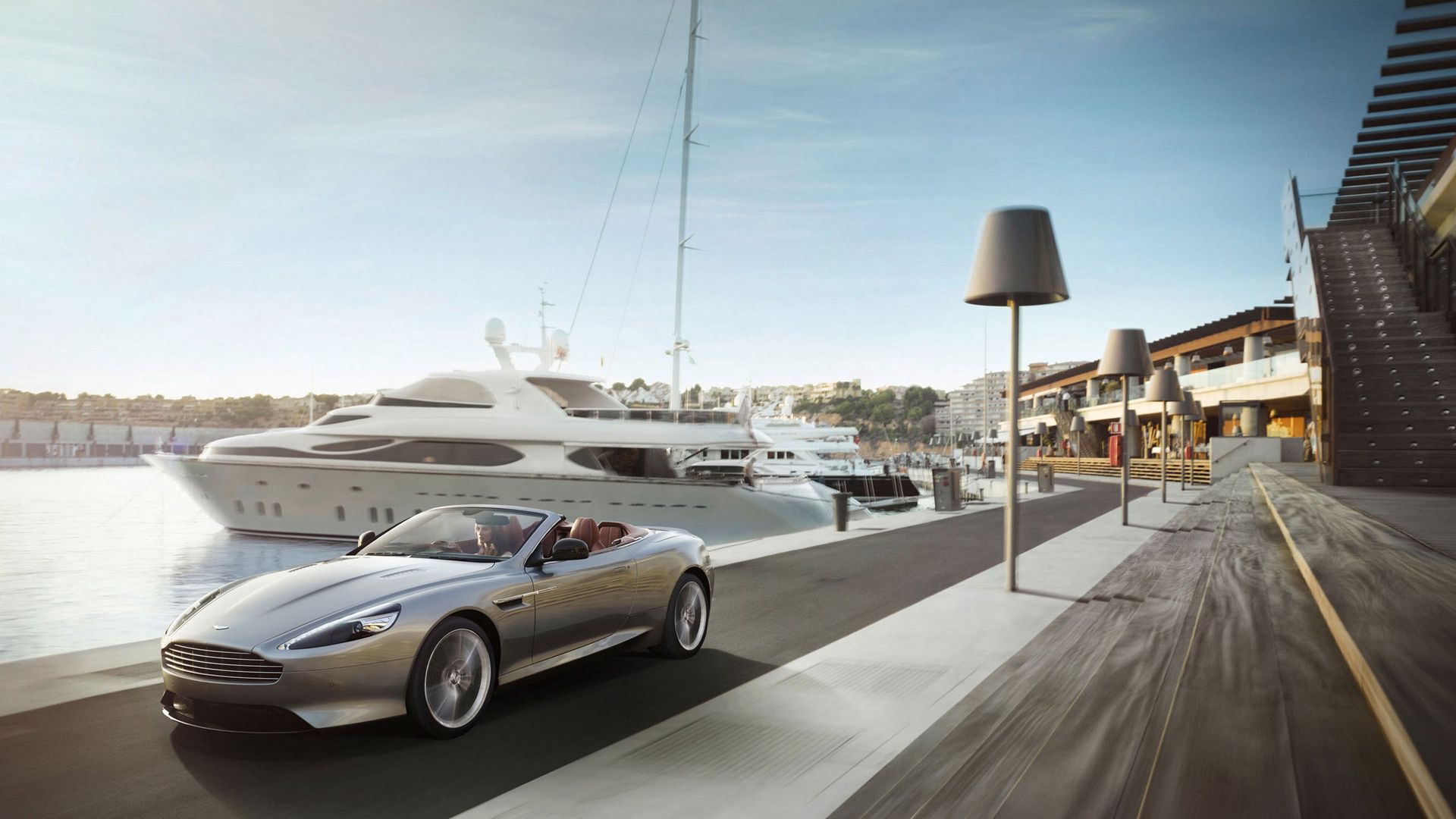 aston martin, convertible, dock, boat, movement