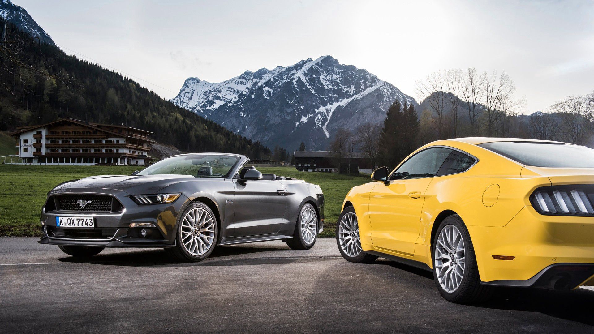 ford mustang, convertible, mountains, yellow, silver