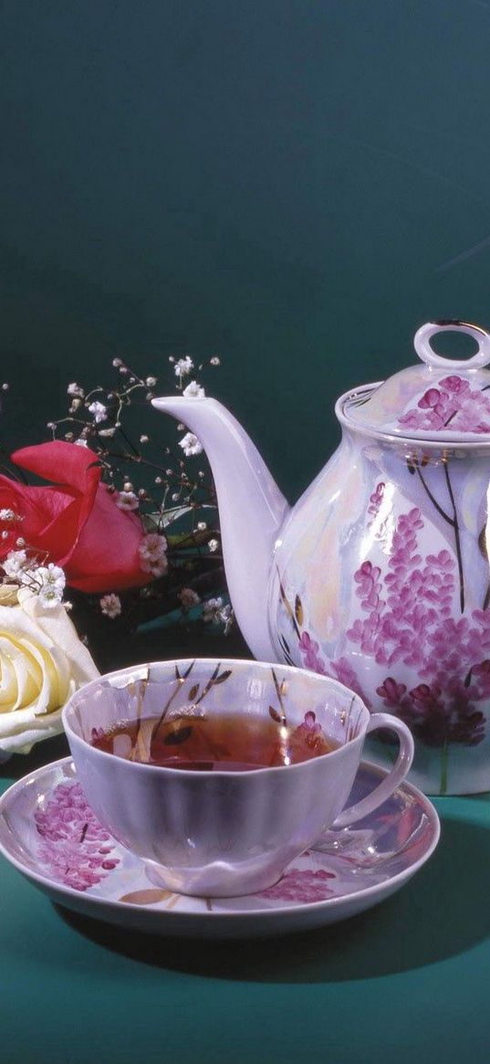 tea, teapot, roses, gift, cup