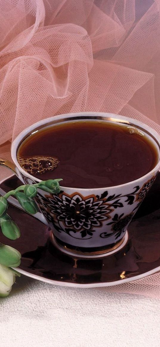 tea, cup, flowers, fabric