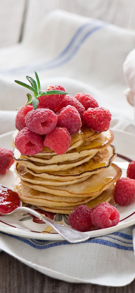 pancakes, jam, raspberry, crockery