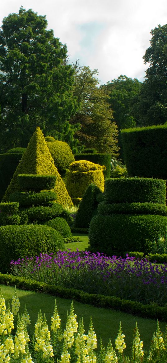 uk, bodnant gardens wales, lawns, flower bed, bushes