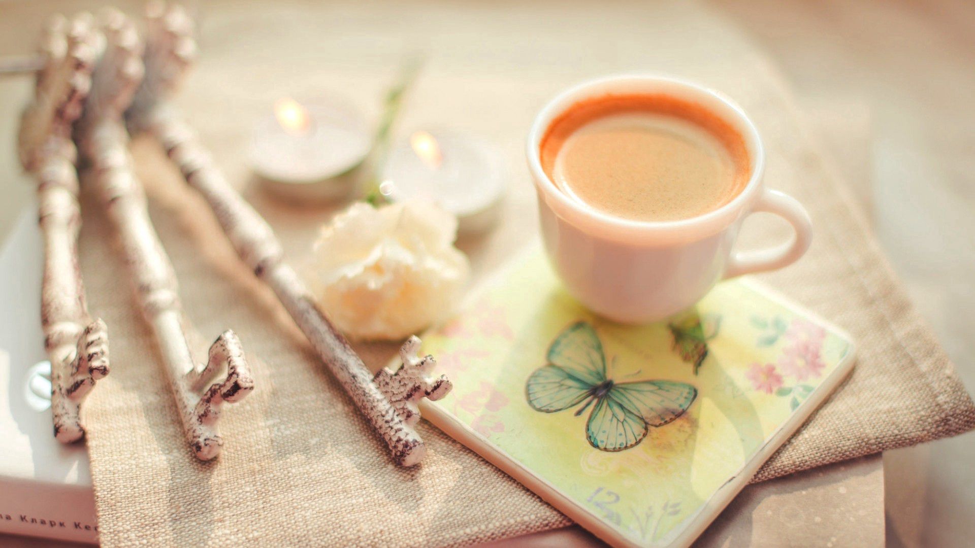 cup, coffee, key, butterfly, tender