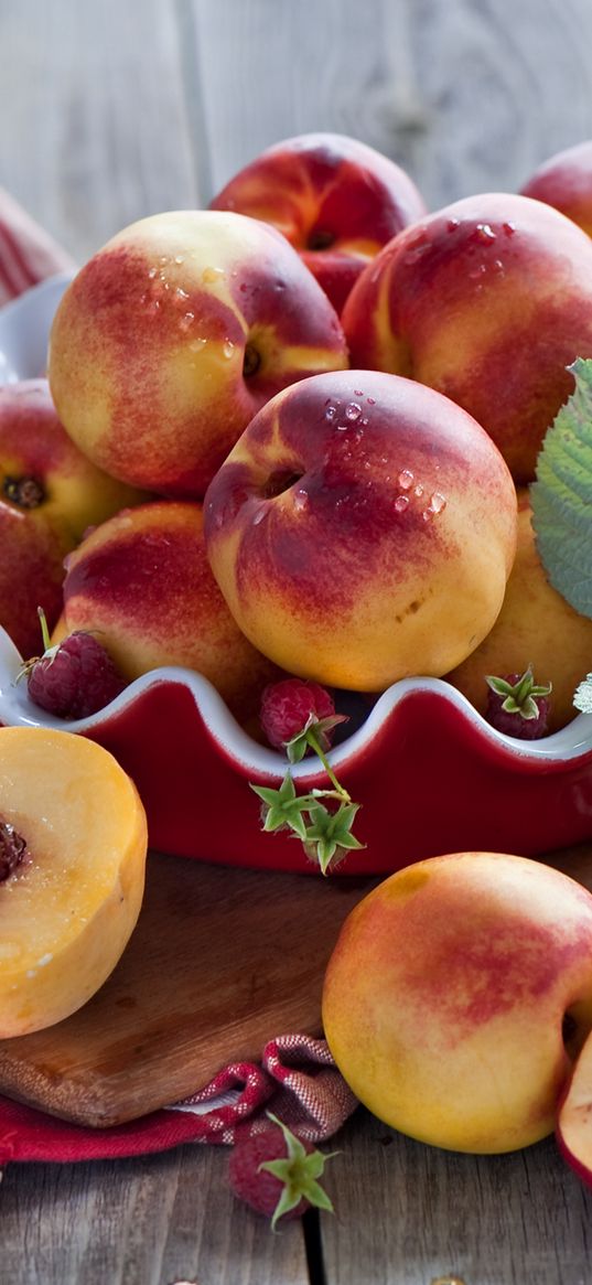 nectarines, fruit, plate, raspberry