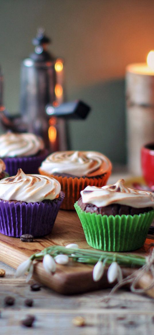 muffins, cream, dessert, coffee, flowers