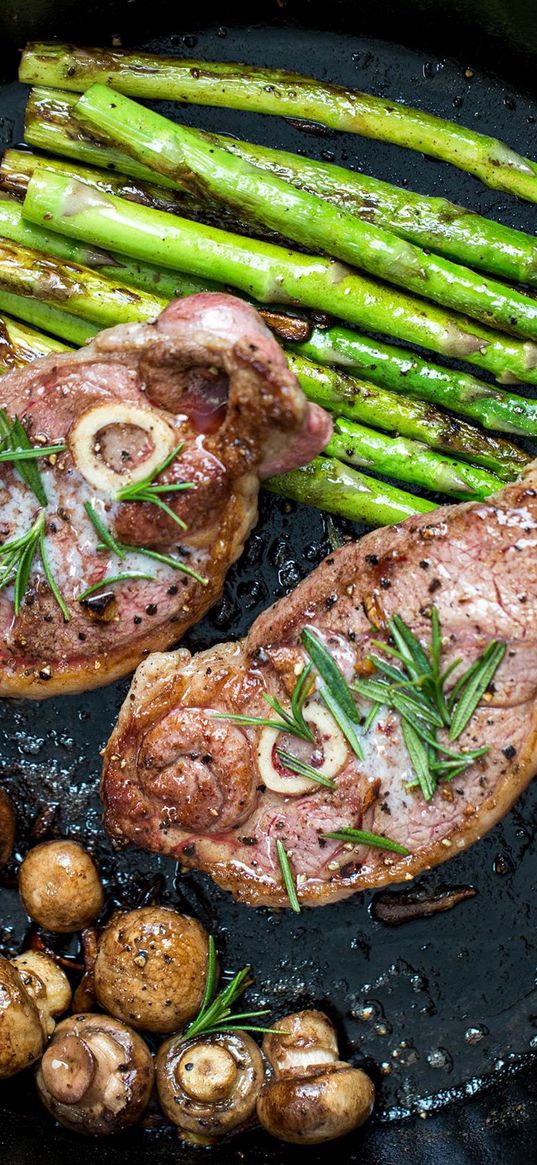 steak, mushrooms, asparagus, meat, pan