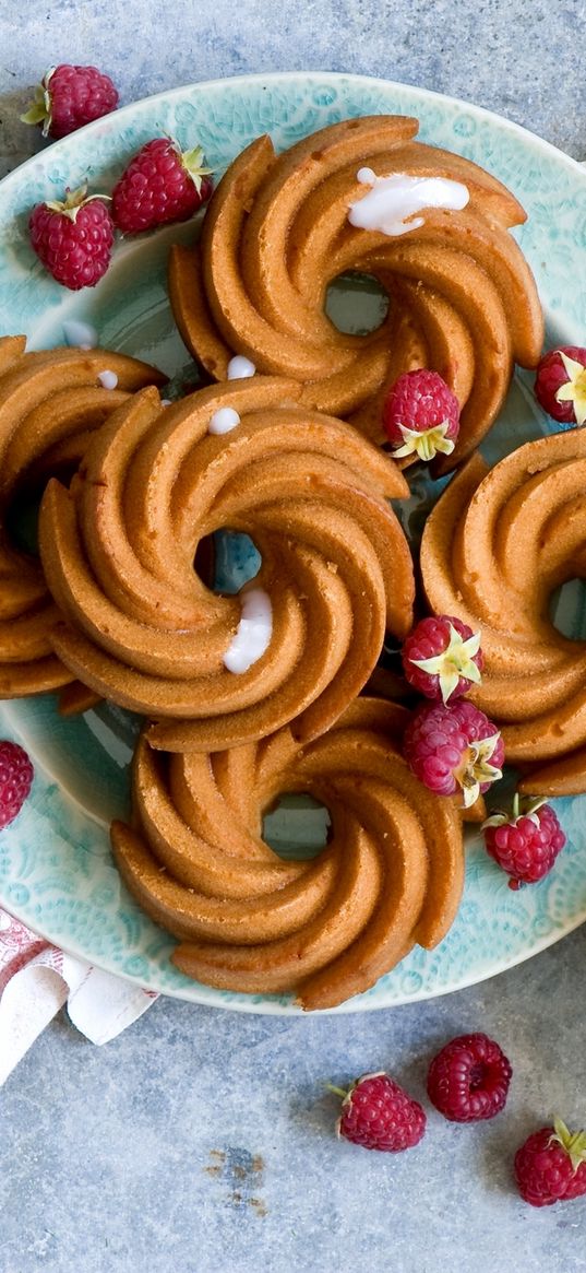 cakes, plates, leaves, raspberries