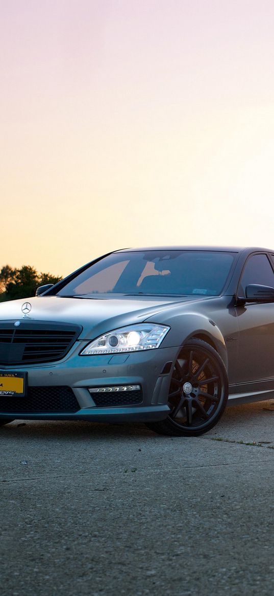 mercedes, s63 amg, front view, sunset