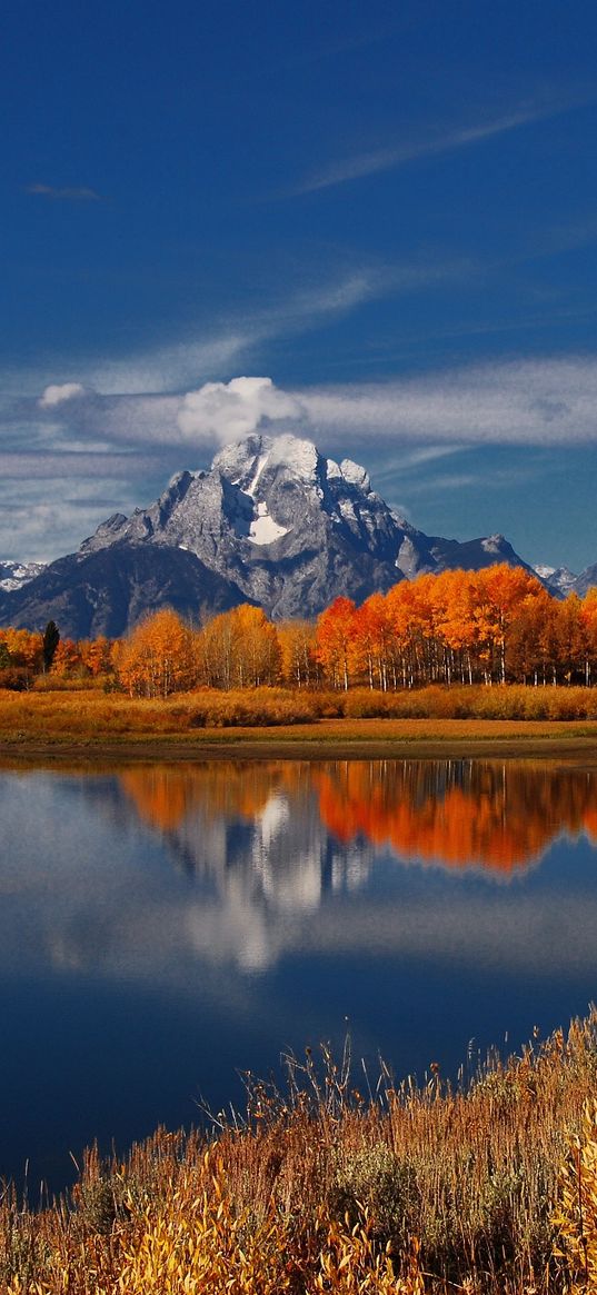 lake, mountains, grass, sky