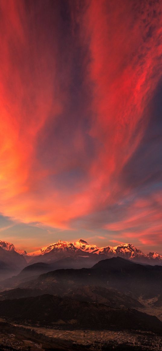 tibet, mountains, sunset, sky, panorama