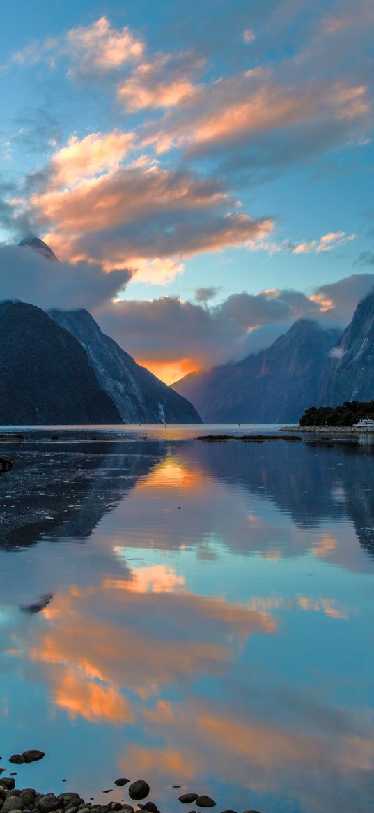 milford sound, new zealand, bay, reflection, mountains