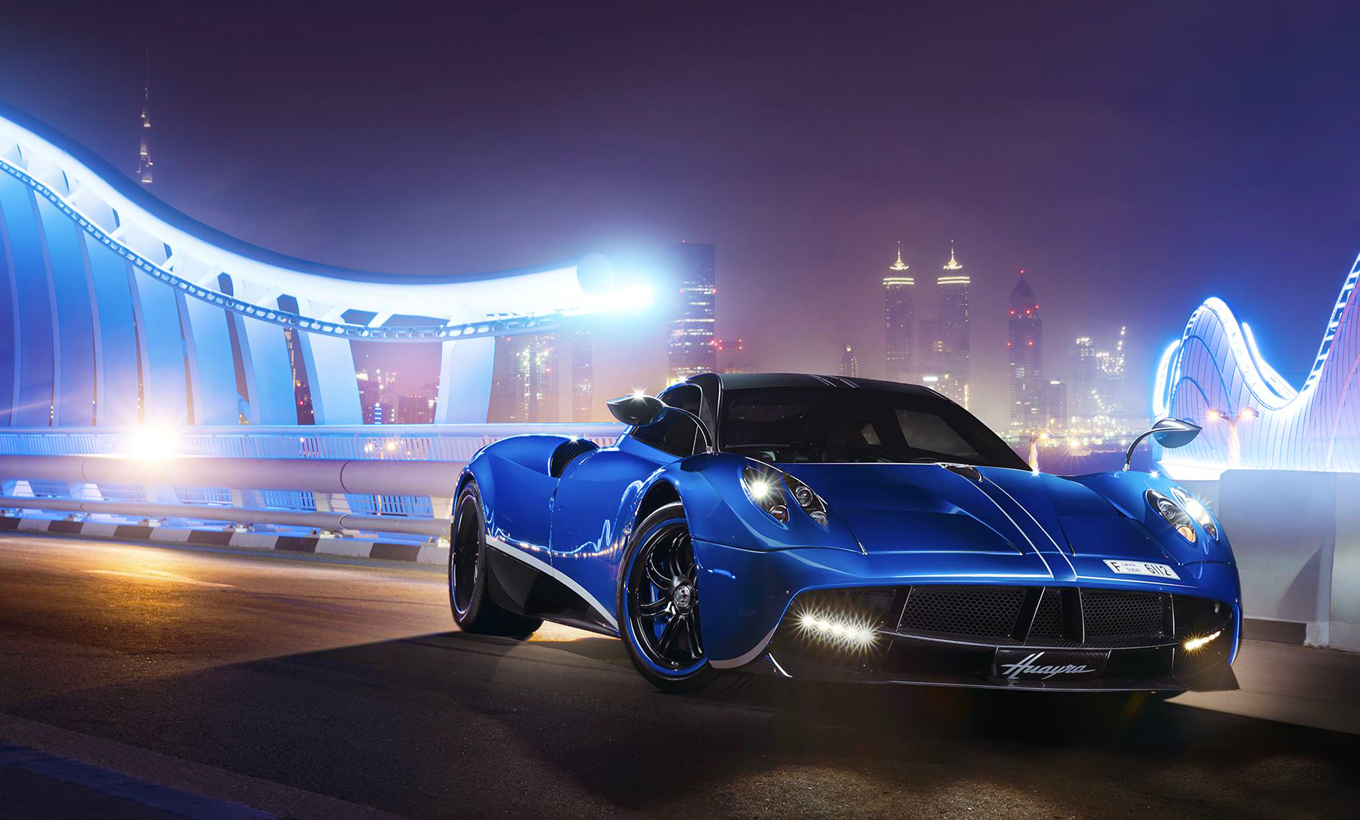 pagani, huayra, blue, front view, night