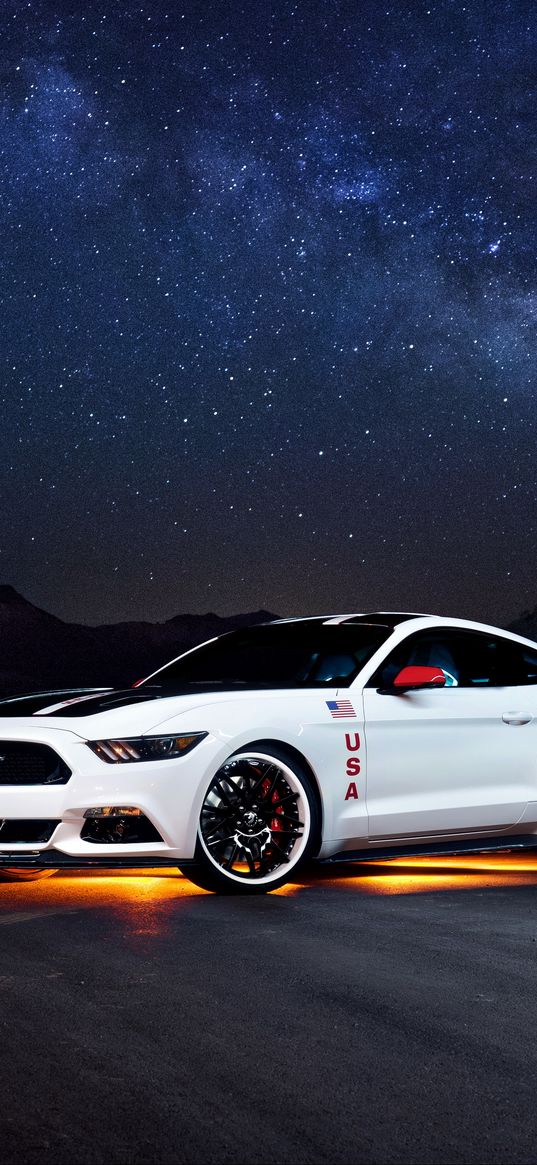 ford, mustang, white, side view, night