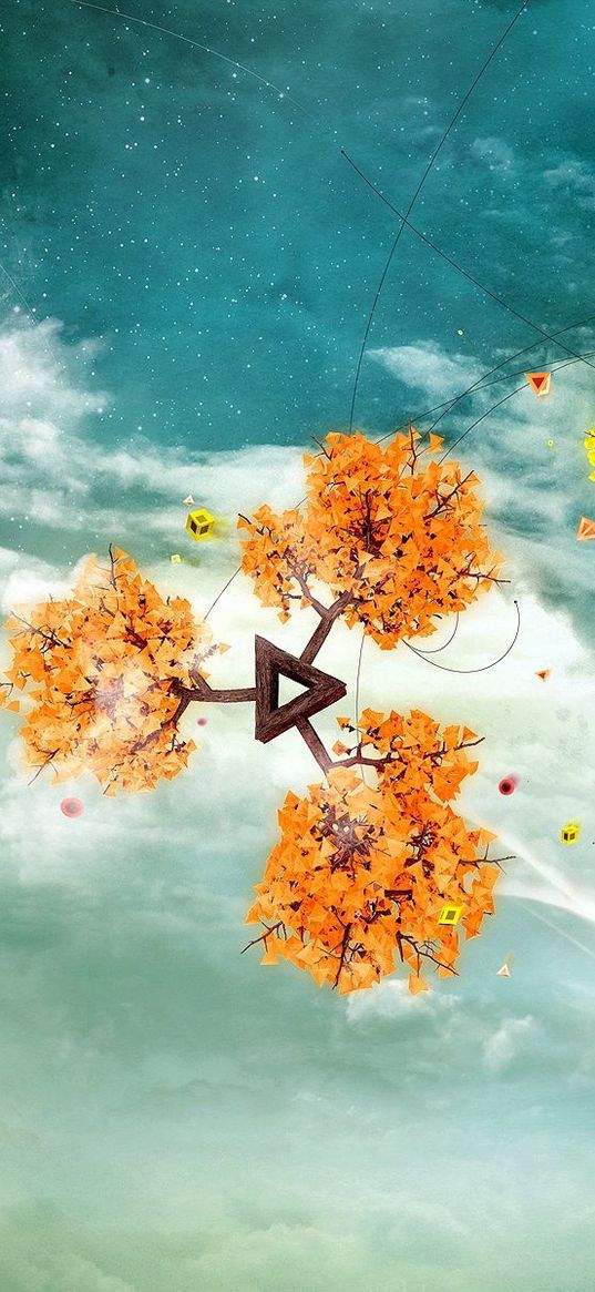 flight, flower, branch, sky, clouds, colorful