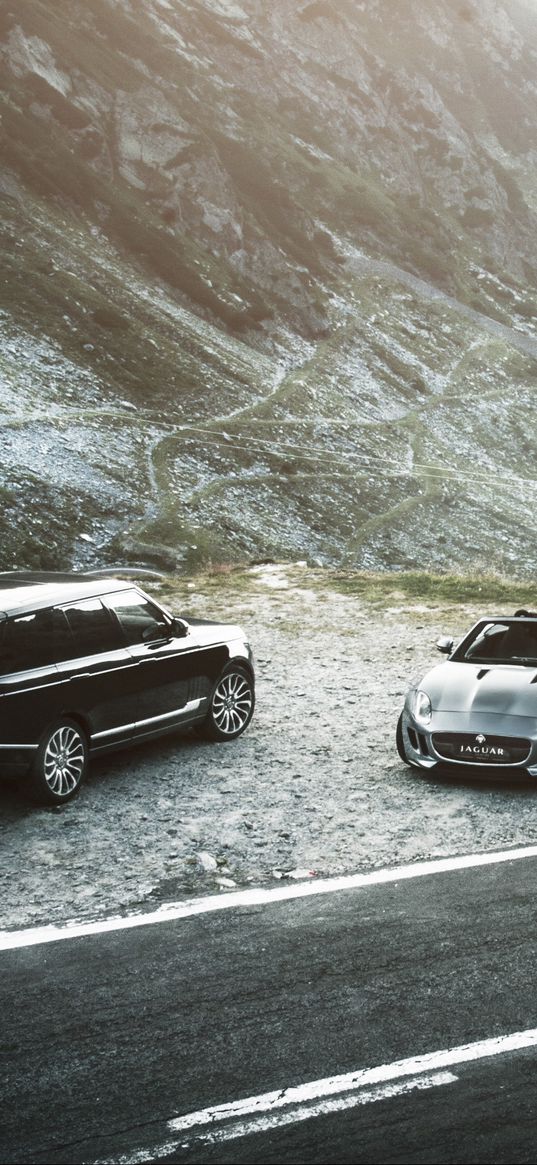 jaguar f-type, range rover, mountains, road