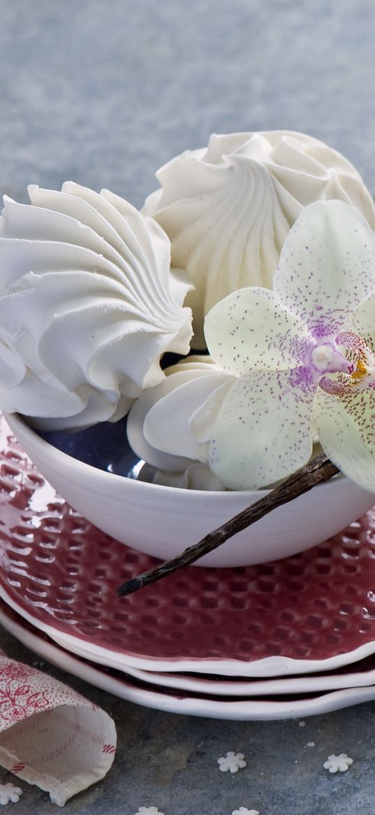 marshmallows, orchid, crockery