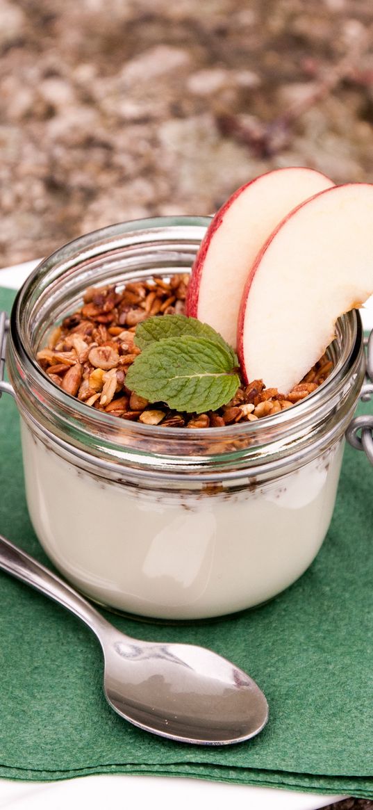 yogurt, dessert, apples, nuts