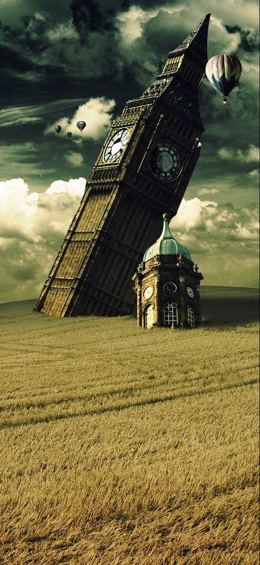 tower, clock, big ben, fall, irrealism, field