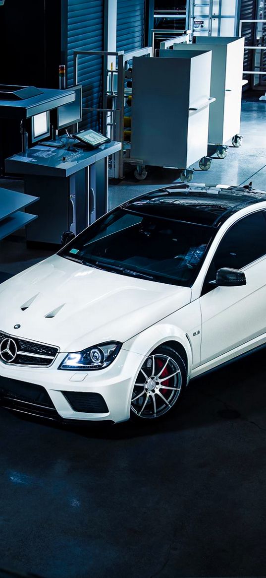 mercedes-benz, c63, amg, white, side view