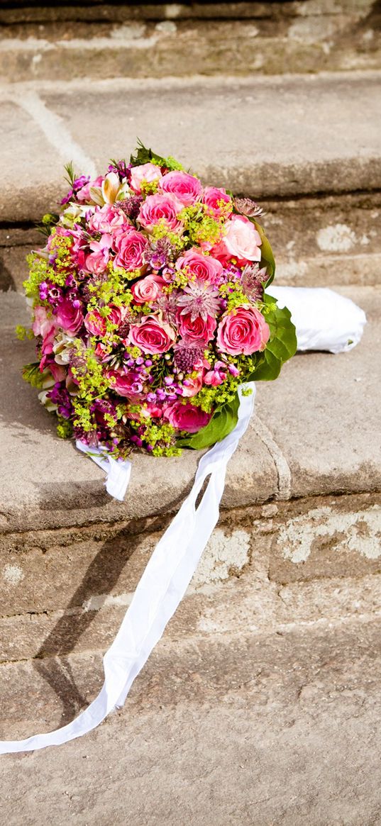 bouquet, wedding, stairs