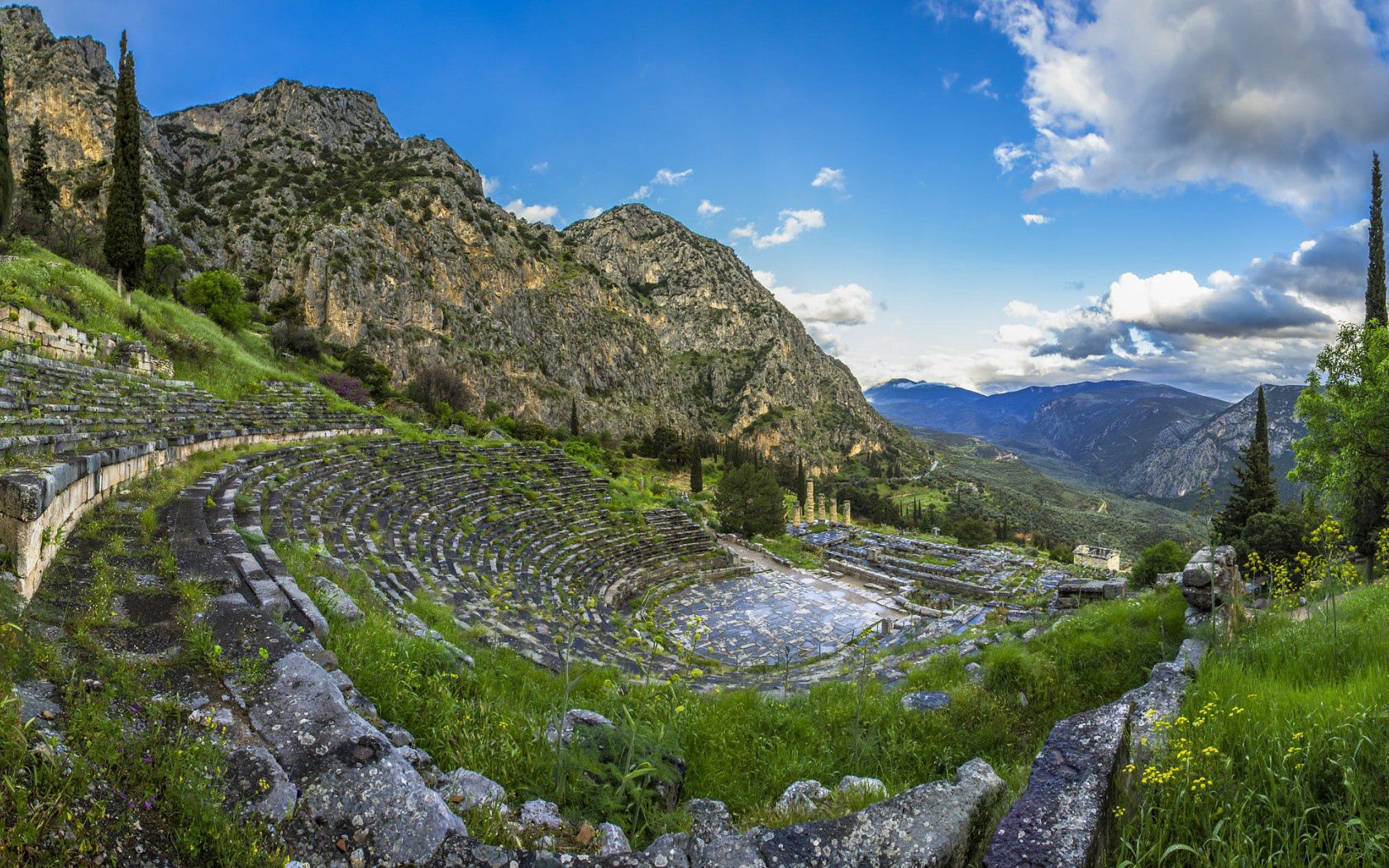 greece, delphi, mountain, grass, sky