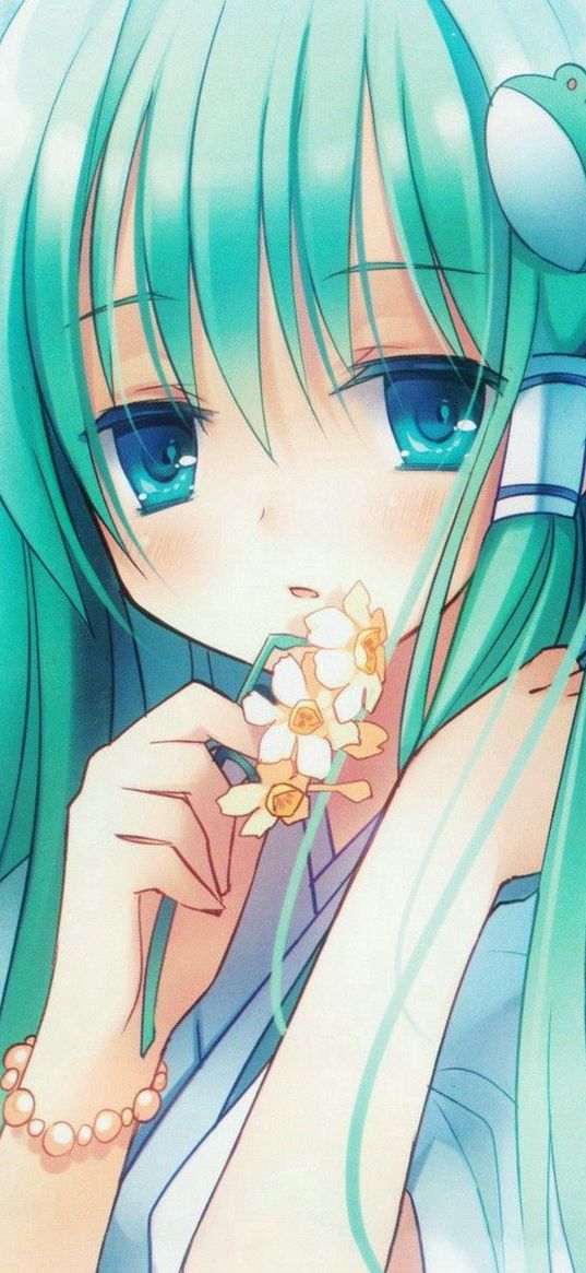 anime, girl, hair, long, flower, narcissus, eye