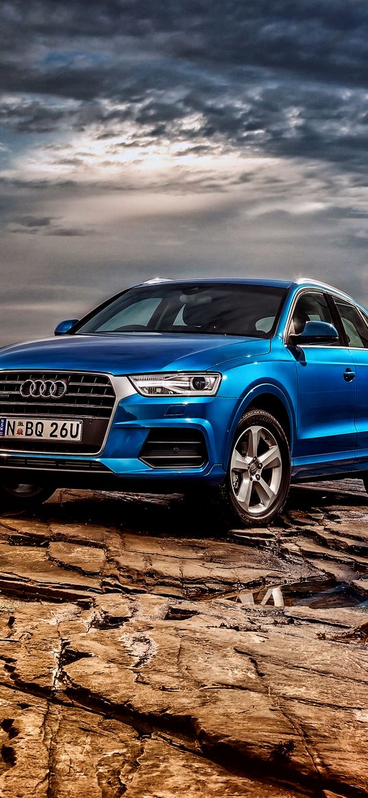 audi, q3, tfsi, quattro, au-spec, blue, side view