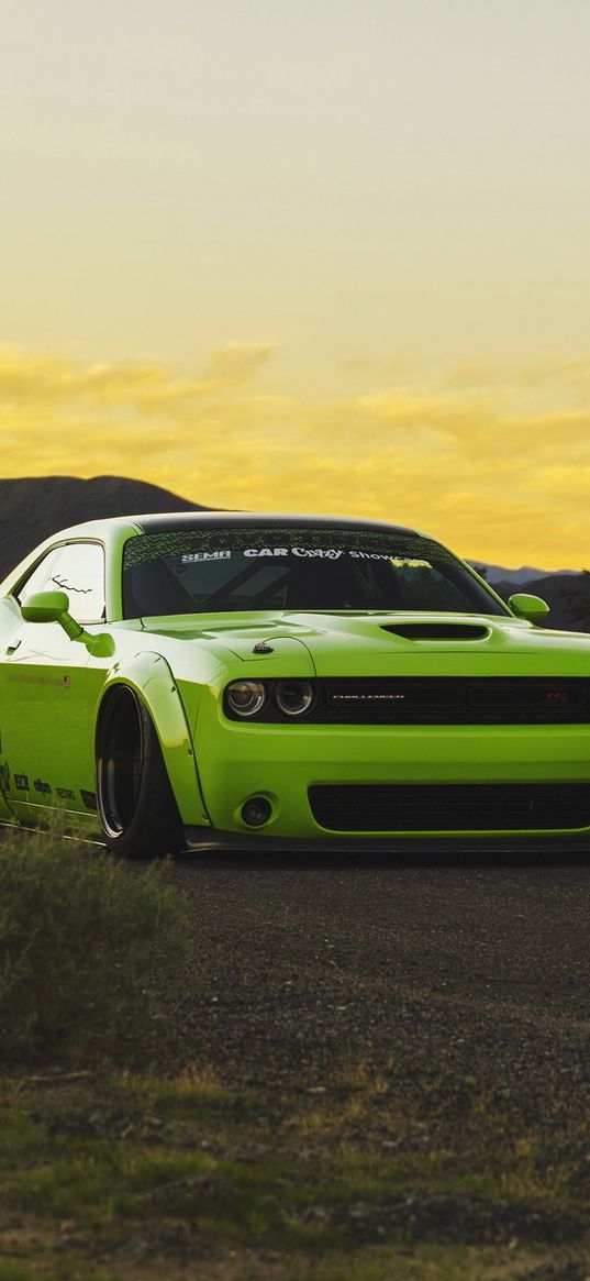 dodge challenger, muscle car, tuning, light green