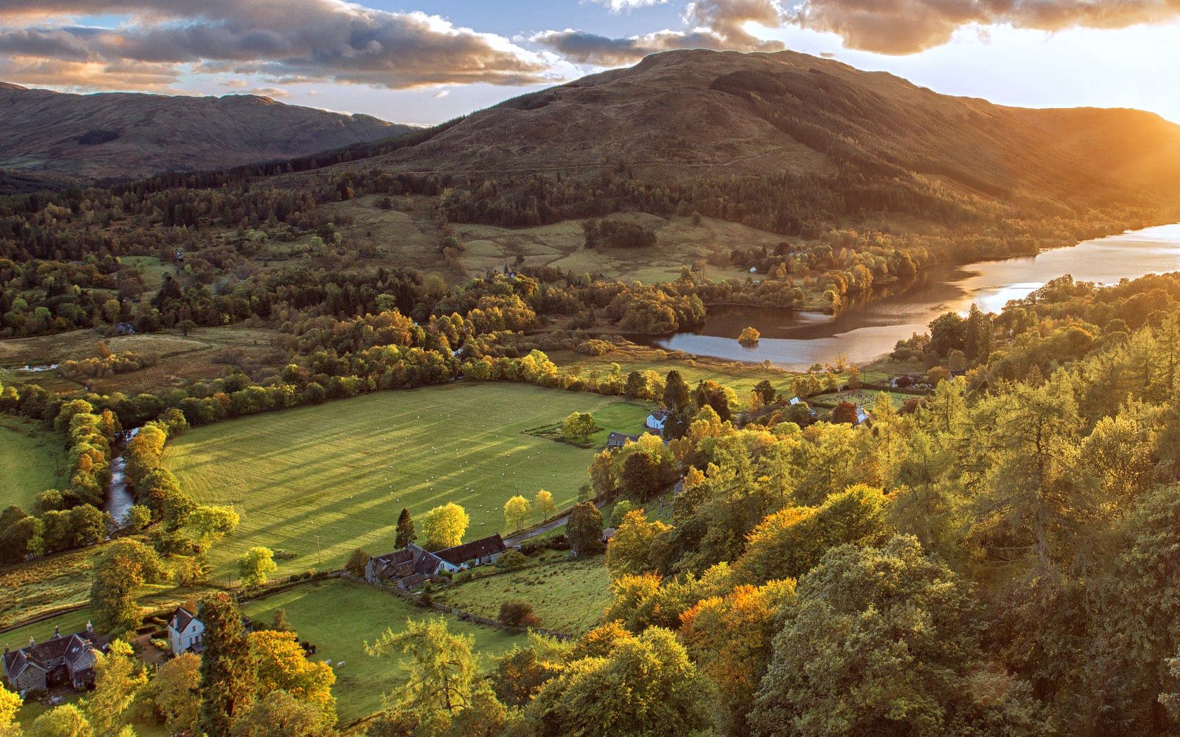 scotland, mountains, field, river, trees, view from above