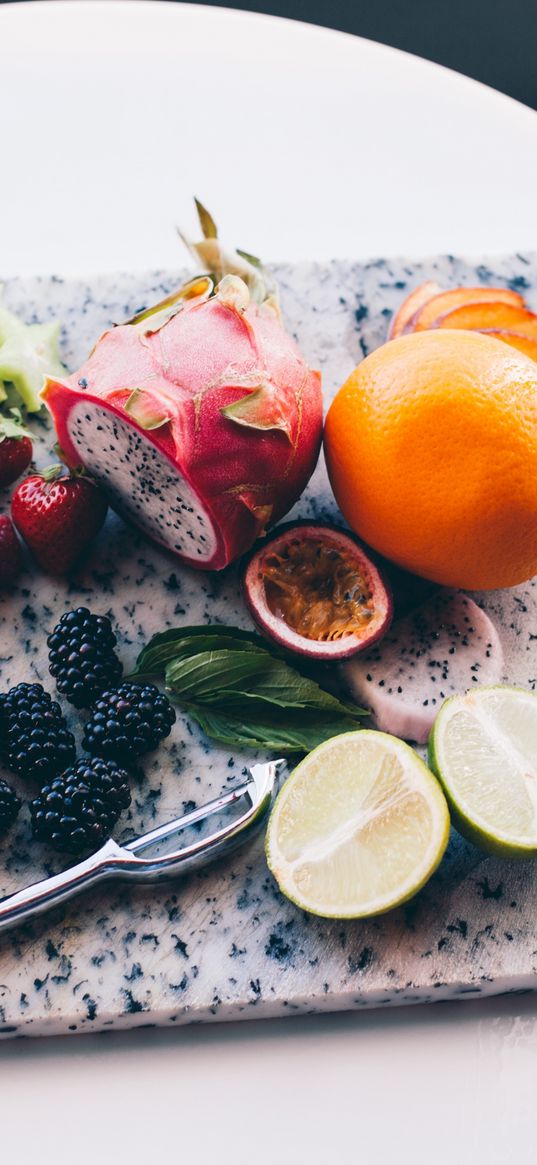 fruits, berries, cutting board, exotic