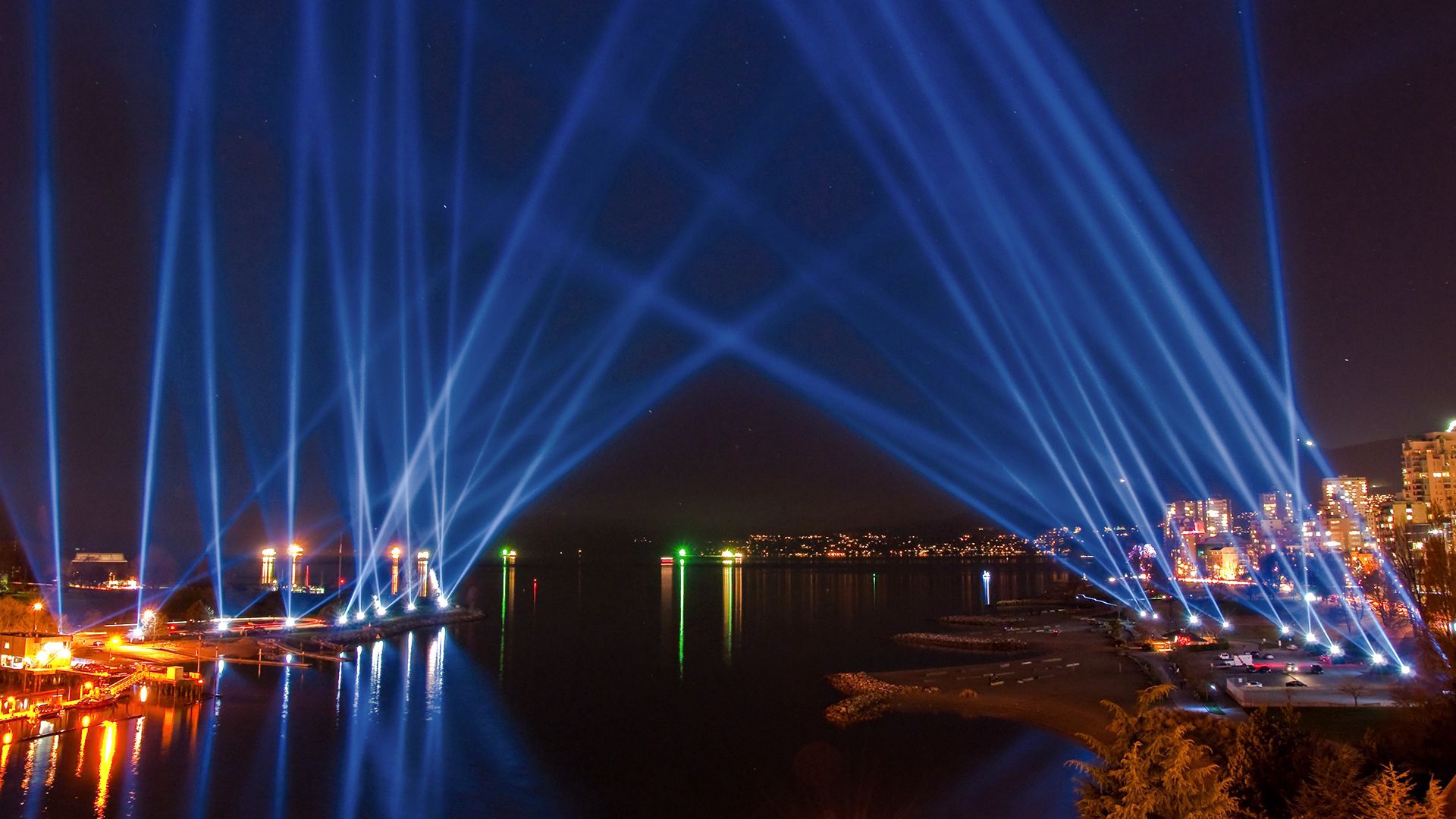 city lights, sky, light, river, beach, night