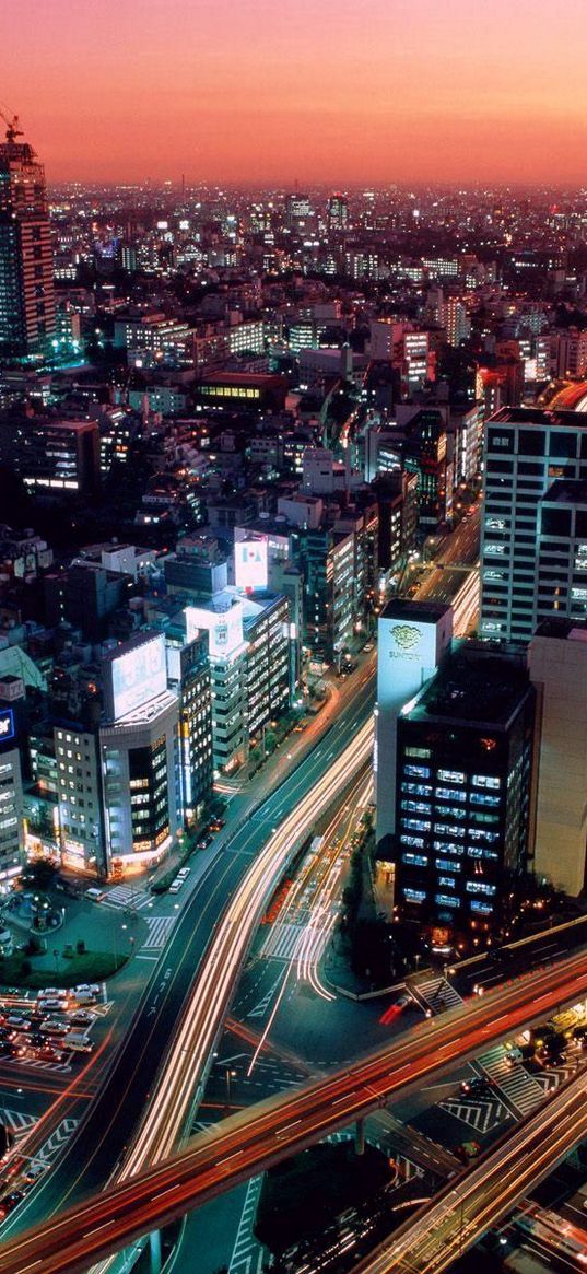 big city, top view, sunrise, buildings, street