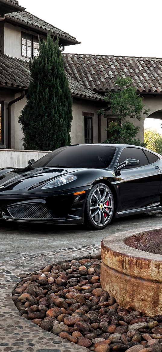 ferrari, f430, black, side view, fountain