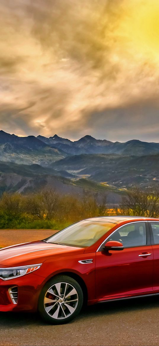 kia, optima, red, side view, mountains