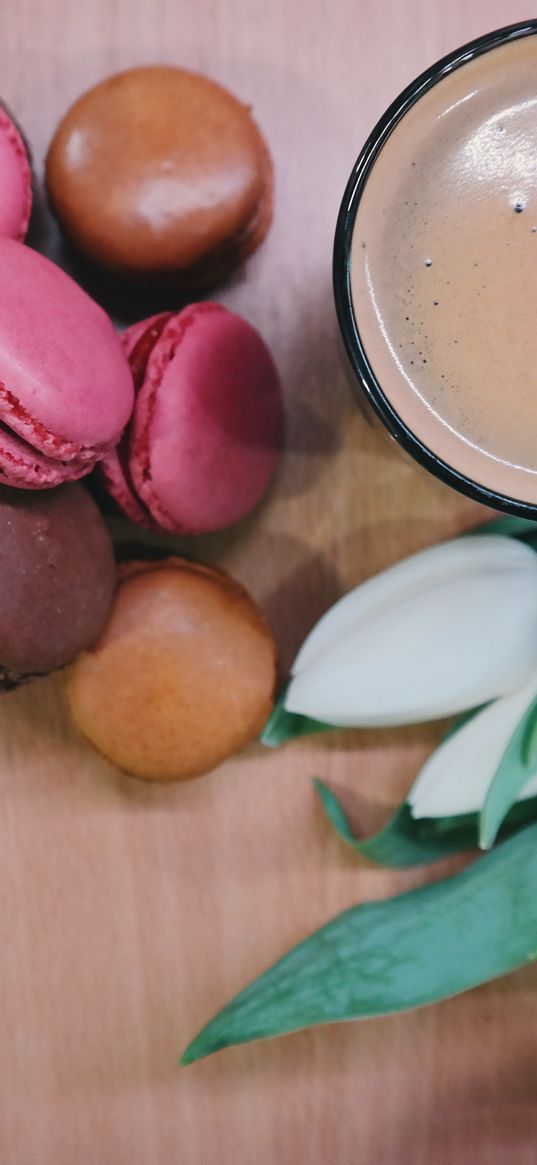 macaron, biscuits, coffee, tulips