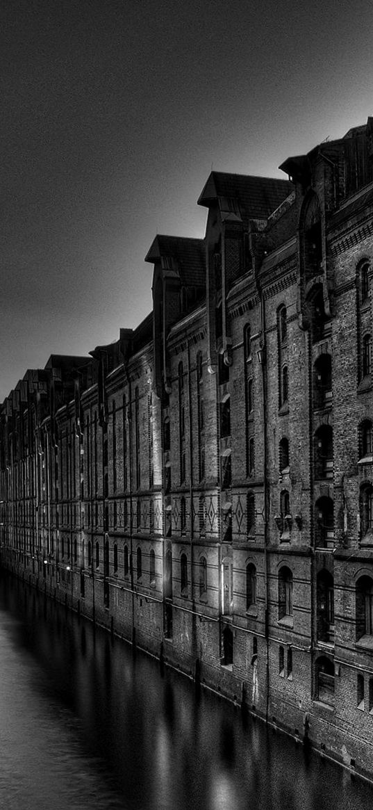 black white, building, tall, river, bridge, night