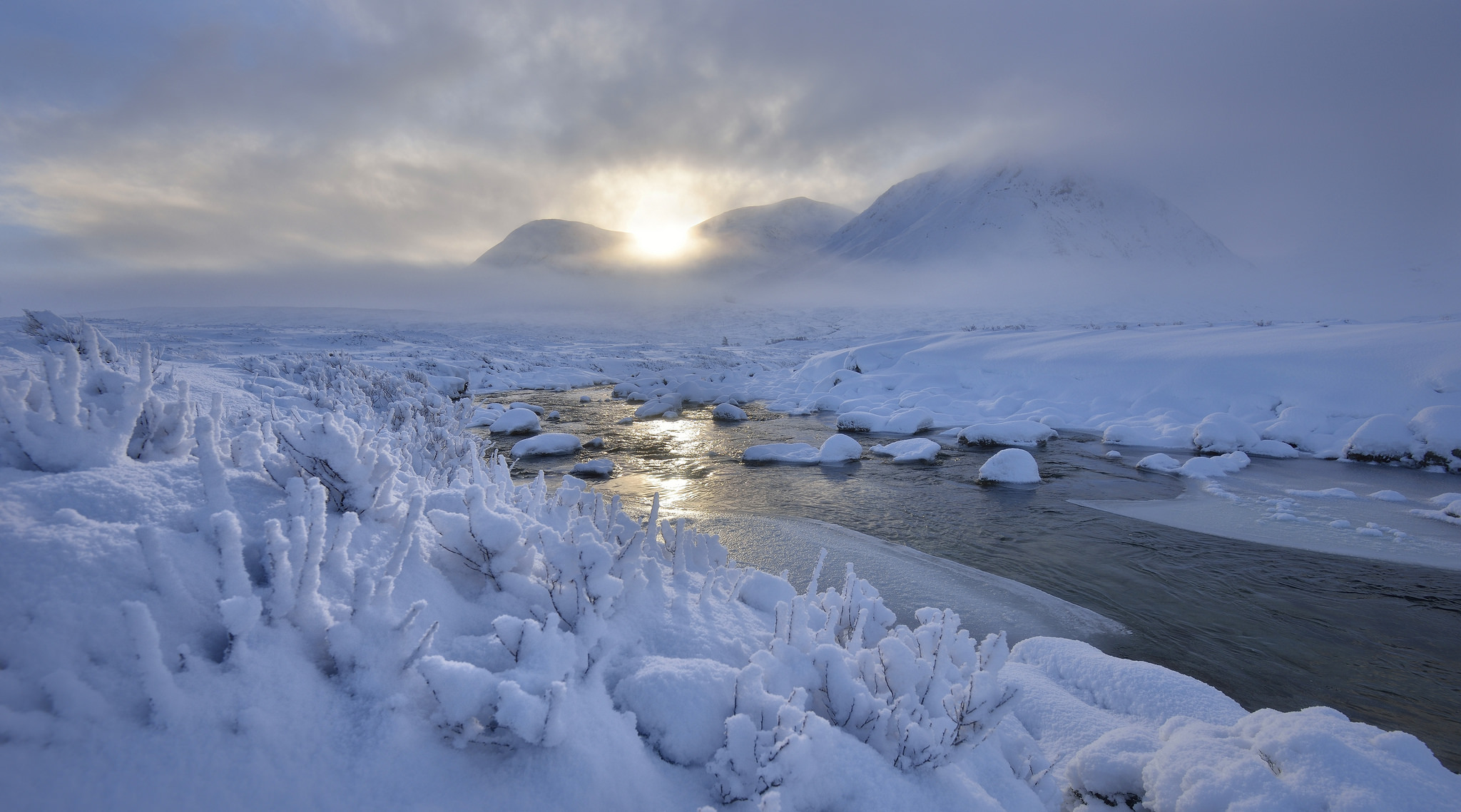 river, ice, snow, sunrise