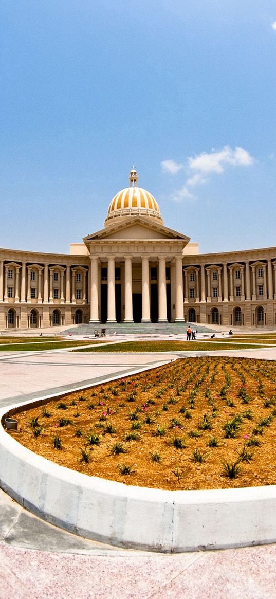 buildings, columns, museum, flower bed