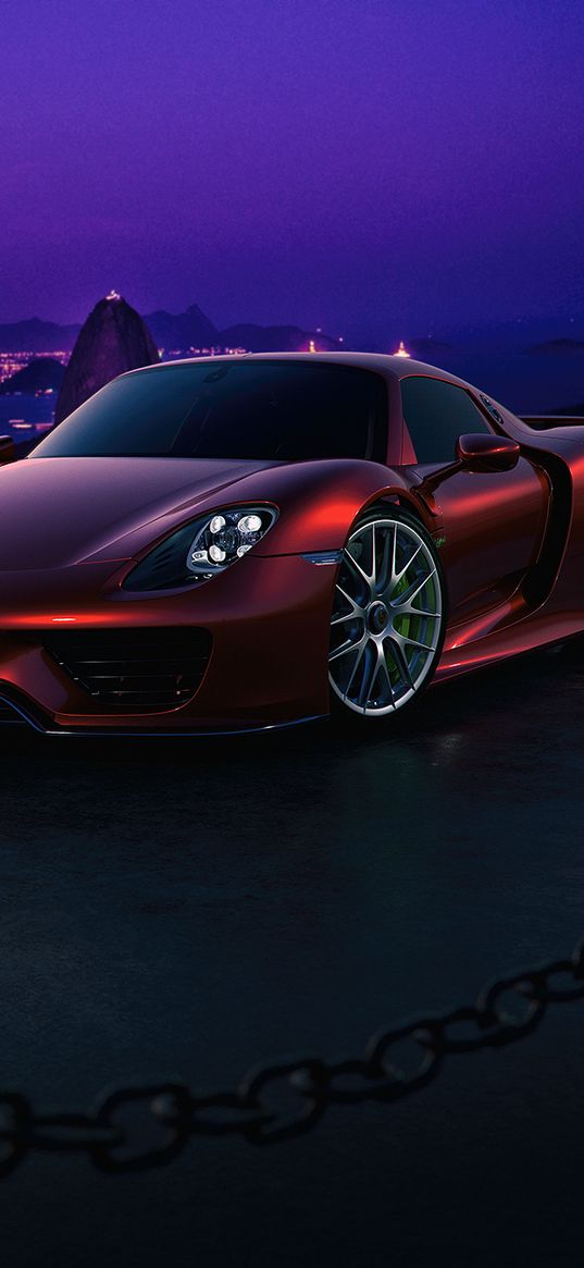 porsche, 918, side view, night