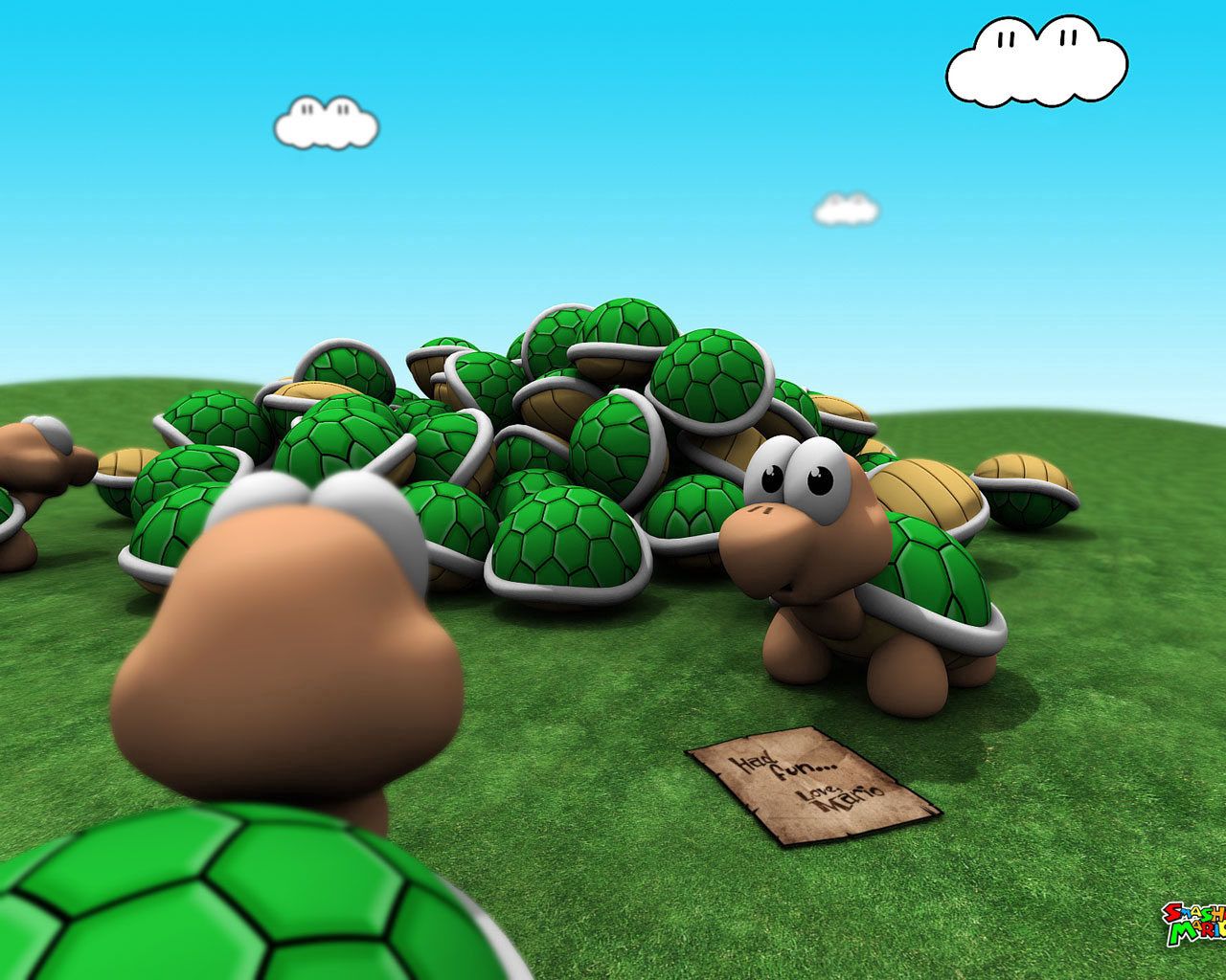 game, mario, turtle, grass, sky, bright